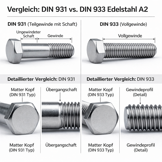 Vergleich DIN 933 und DIN 931 Vollgewinde und Teilgewinde