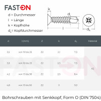 Bohrschrauben 3,9x13 mit Senkkopf, Form O Pozidriv DIN 7504 Edelstahl A2