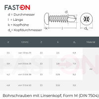 Bohrschrauben 3,5x19 mit Linsenkopf, Form M Pozidriv DIN 7504 Edelstahl A2