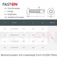 Bohrschrauben 3,9x19 mit Linsenkopf, Form M Innensechsrund TX15 DIN 7504 Edelstahl A2