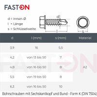 Bohrschrauben 4,2x19 Sechskantkopf mit Bund Form K DIN 7504 Edelstahl A2