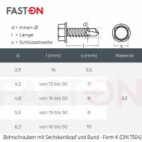 Bohrschrauben 4,8x16 mit Sechskantkopf und Bund, Form K DIN 7504 Edelstahl A2