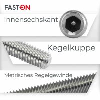 Gewindestifte M10x40 Innensechskant (ISK) mit Kegelkuppe DIN 913 Edelstahl A2