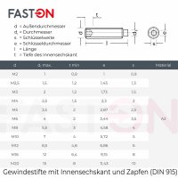 Gewindestifte M8x40 Innensechskant (ISK) mit Zapfen DIN 915 Edelstahl A2