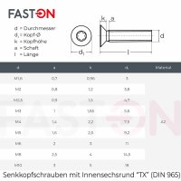 Senkkopfschrauben M6x20 Innensechsrund (TX) TX-30 DIN 965 Edelstahl A2