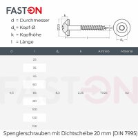 Spenglerschrauben 4,5x70 TX-25 mit U-Scheibe (20mm) ähnl. DIN 7995 Edelstahl A2