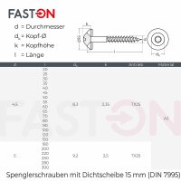 Spenglerschrauben 4,5x60 TORX TX-25 mit U-Scheibe (15mm) ähnl. DIN 7995 Edelstahl A2