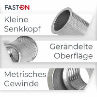 Einnietmuttern M6x14 kl. Senkkopf Rundschaft offen gerändelt Edelstahl A2