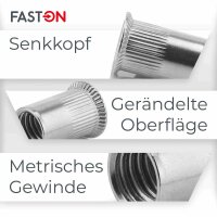 Senkkopf-Einnietmuttern M6x16 Rundschaft offen gerändelt Edelstahl A2