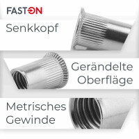 Senkkopf-Einnietmuttern M8x19 Rundschaft offen ger&auml;ndelt Edelstahl A2