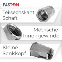 Einnietmuttern M5x14 kl. Senkkopf Teilsechskantschaft offen Edelstahl A2