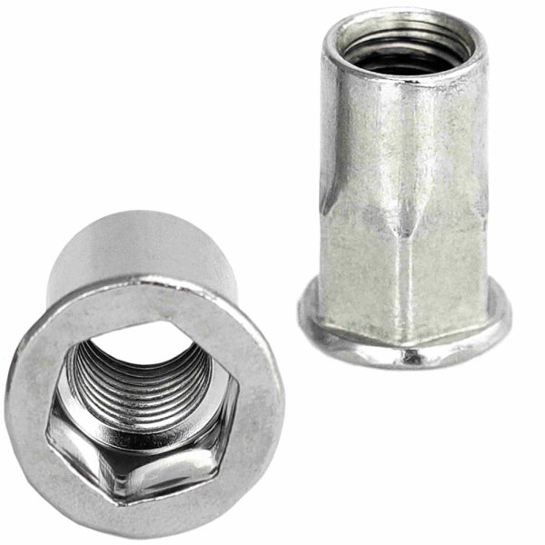 Flachkopf-Einnietmuttern M10x22 Teilsechskantschaft offen Edelstahl A2