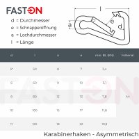 Karabinerhaken 6x60 asymmetrisch, Edelstahl A4