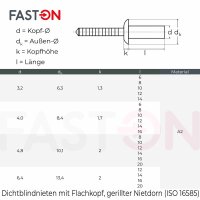 Dichtblindnieten 3,2x12 mit Flachkopf gerillter Nietdorn ISO 16585 Edelstahl A2