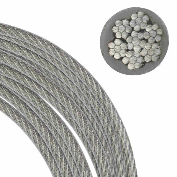 1,25 / 2 mm Drahtseil 7x7 PVC ummantelt transparent Edelstahl A4