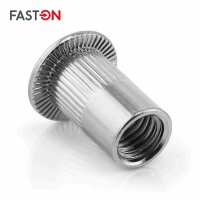 Flachkopf-Einnietmuttern M3x10 Rundschaft offen gerändelt Edelstahl A2