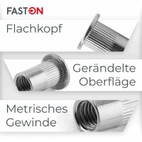 Flachkopf-Einnietmuttern M8x16 Rundschaft offen gerändelt Edelstahl A2