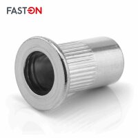 Flachkopf-Einnietmuttern M8x16 Rundschaft offen gerändelt Edelstahl A2